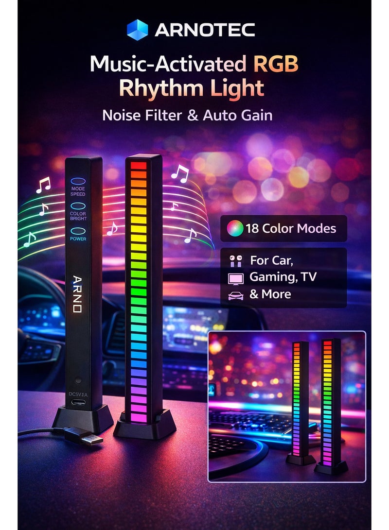 ARNOTEC RGB LED Music Rhythm Light Bar with Sound Control, 18 Color Modes, AGC Auto Gain & Noise Reduction, USB-C Powered Ambient Light for Car, Gaming, TV, Room & Bar - Image 1
